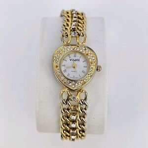 Visage Women's‎ Watch Hearts 21MM White Dial Gold Bracelet Band 6.5" New Battery